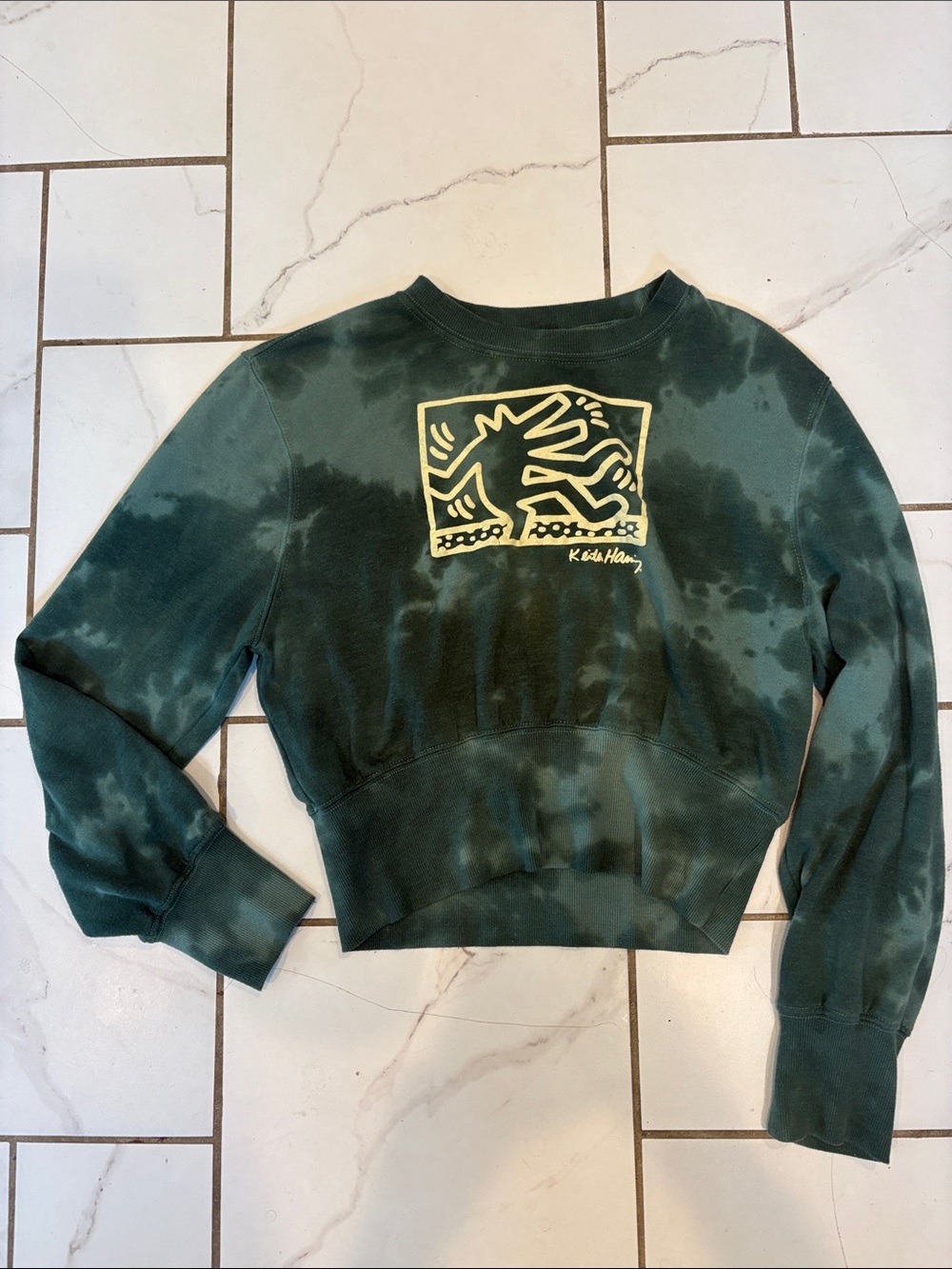 Women’s Keith Haring “Dancing Dog” Tie-Dye Crewneck Cropped Sweatshirt - Lg